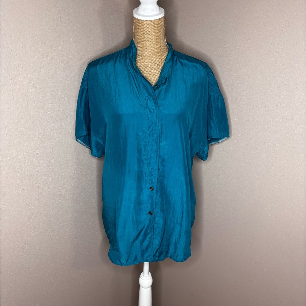 Vintage Compagnie Internationale Express Turquoise 100% Silk Button Down Shirt